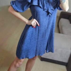 Muslino mėlyna suknelė 3/4 rankovėmis