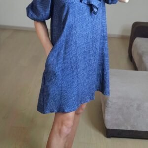 Muslino mėlyna suknelė 3/4 rankovėmis